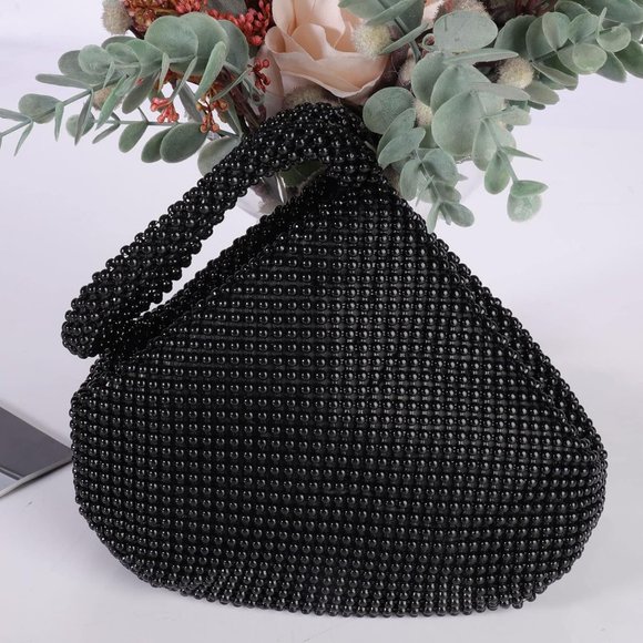 6'' Women Black Beaded Triangle Evening Bag for Cocktail Wedding - Picture 1 of 5